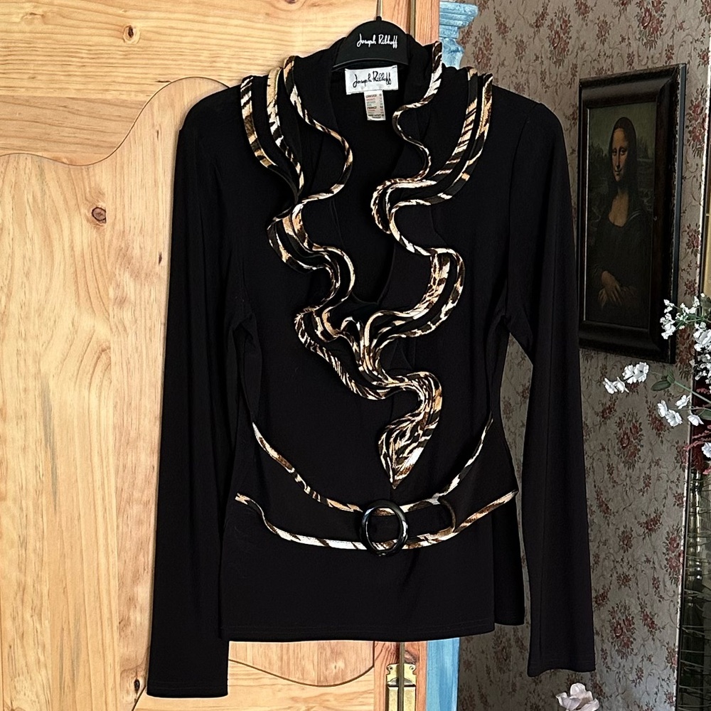Joseph Ribkoff Black Top with Gold Accents, $45 size 10, sleeve 24”, 23” long.